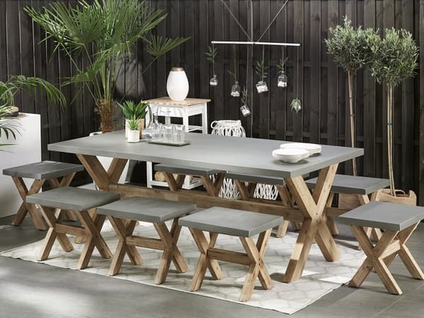 Utendørs spisegruppe Grå Betong Akasietre Spisebord 8 krakker Moderne design Hagemøbler