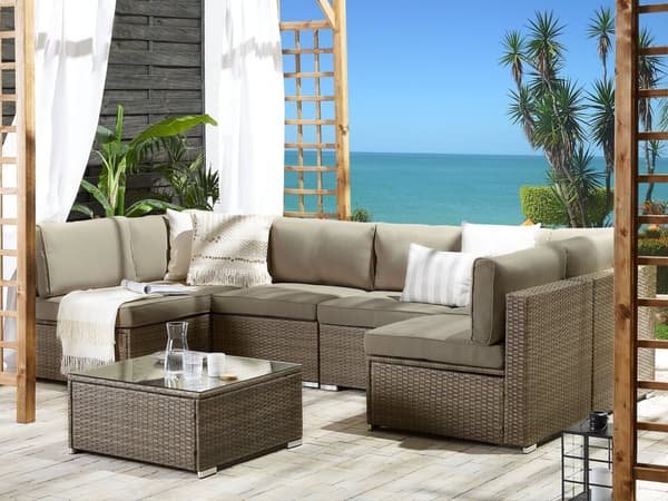Utendørs loungesett Brun Imitert rotting 6-seters modulsofa Brune puter Salongbord Moderne design Hagemøbler