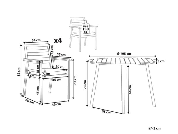 Utendørs spisegruppe Hvit Lyst tre Aluminium Rundt bord ø 105 cm 4 stoler med sitteputer Hage Terrasse Utemøbler Moderne Minimalistisk