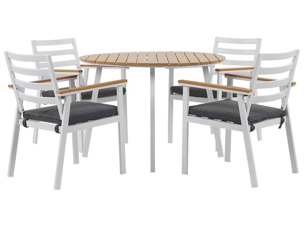 Utendørs spisegruppe Hvit Lyst tre Aluminium Rundt bord ø 105 cm 4 stoler med sitteputer Hage Terrasse Utemøbler Moderne Minimalistisk