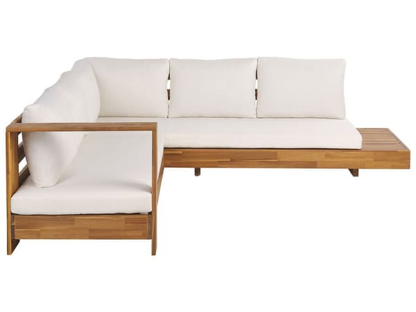 Loungesett Hvit Sertifisert Akasietre 5-seter Modulær L-formet Venstrevendt Hagesofa med sidebord Hvite puter Utemøbler Hage Terrasse
