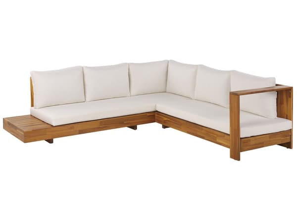 Loungesett Hvit Sertifisert Akasietre 5-seter Modulær L-formet Venstrevendt Hagesofa med sidebord Hvite puter Utemøbler Hage Terrasse