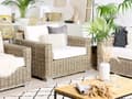 Miniatyrbilde 8 av 11: Loungesett Lysebrun Rotting Flettet Hvite puter 4 personer 2-seter sofa 2 lenestoler Hage Utendørs Boho