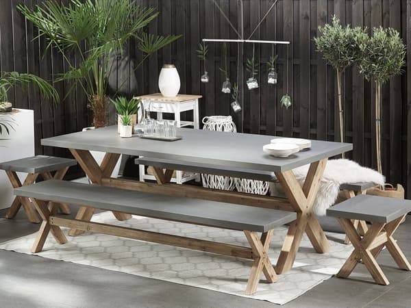 Utendørs spisegruppe Grå Betong Akasietre Spisebord 2 benker 2 krakker 8 sitteplasser Moderne design Hagemøbler