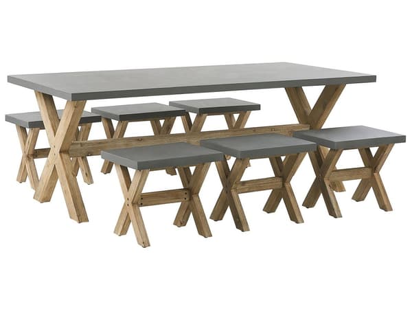Utendørs spisegruppe Grå Betong Akasietre Spisebord 6 krakker Moderne design Hagemøbler