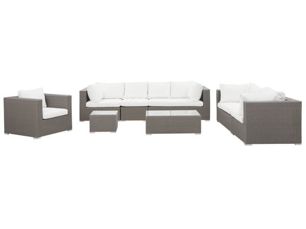 Hagesett Taupe PE-rotting med kremfargede puter for 8 personer 5-delers utesett