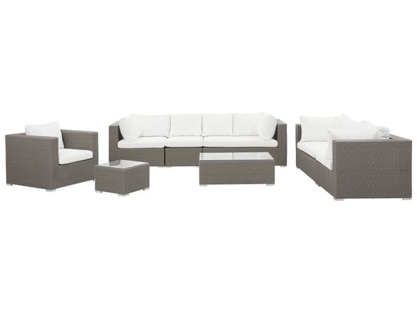Hagesett Taupe PE-rotting med kremfargede puter for 8 personer 5-delers utesett