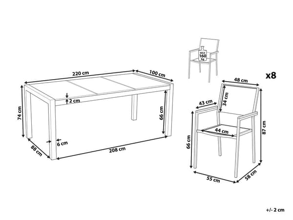 Hagemøbelsett Granitt Hvit 220 x 100 cm glassbordplate Spisestuesett