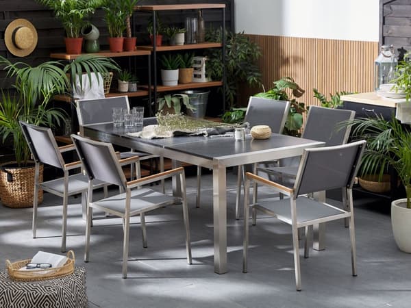 Hagemøbelsett Svart Flammet Basalt 180 x 90 cm 6-seter Hage Bordplate Moderne Terrasse Grå stoler