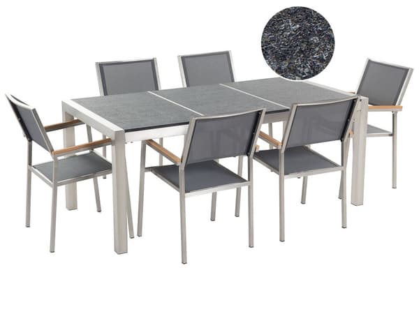 Hagemøbelsett Svart Flammet Basalt 180 x 90 cm 6-seter Hage Bordplate Moderne Terrasse Grå stoler