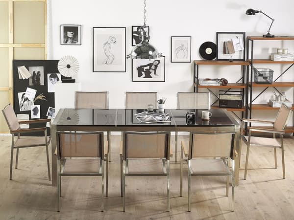 Utendørs spisegruppe Beige 8 stoler 220 x 100 cm Bordplate i svart granitt Trippel plate Hagemøbler Spisestoler Spisebord