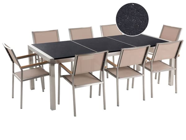 Utendørs spisegruppe Beige 8 stoler 220 x 100 cm Bordplate i svart granitt Trippel plate Hagemøbler Spisestoler Spisebord