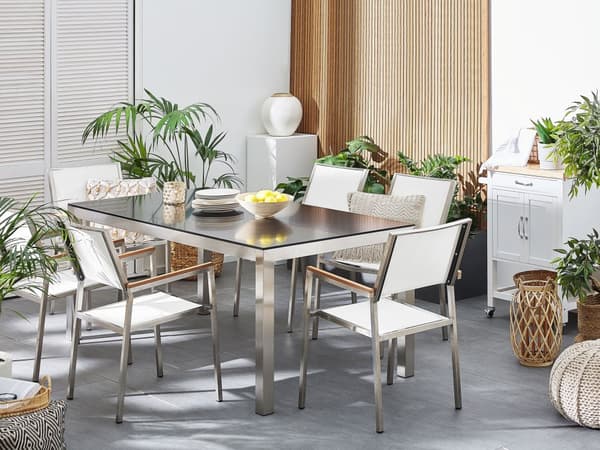 Utendørs spisegruppe Hvit 6 stoler 180 x 90 cm Bordplate i svart granitt Hagemøbler Spisestoler Spisebord