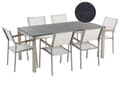 Miniatyrbilde 1 av 11: Utendørs spisegruppe Hvit 6 stoler 180 x 90 cm Bordplate i svart granitt Hagemøbler Spisestoler Spisebord
