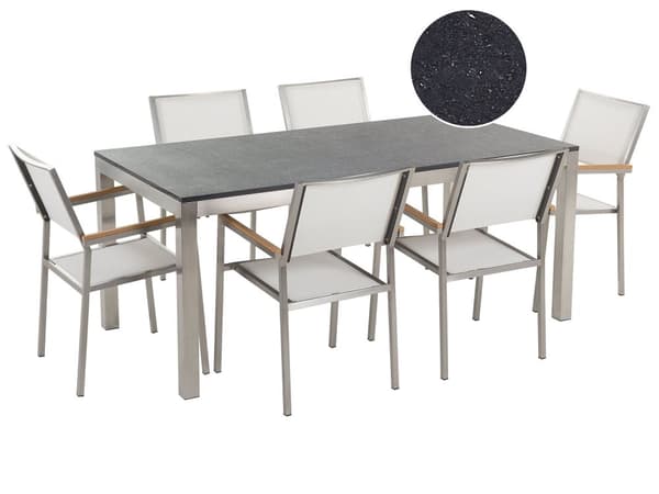 Utendørs spisegruppe Hvit 6 stoler 180 x 90 cm Bordplate i svart granitt Hagemøbler Spisestoler Spisebord