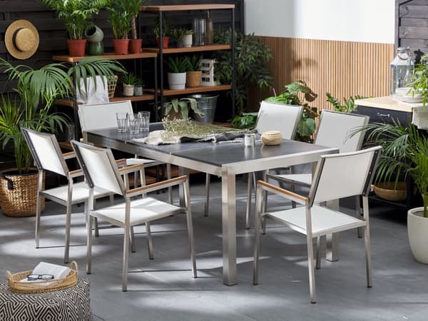 Hagemøbelsett Hvit Svart Flammet Basalt 180 x 90 cm 6-seter Hage Bordplate Moderne Terrasse