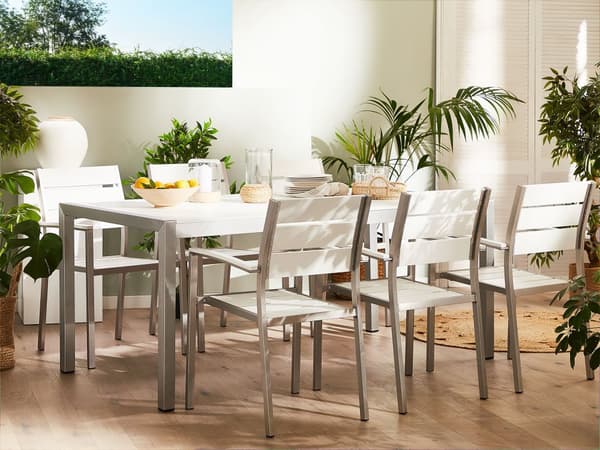 Hagemøbelsett Hvit Plast Tre Utendørs 6-seter Spisegruppe Moderne Hage Terrasse