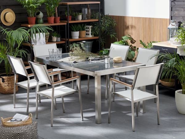 Hagemøbelsett Hvit Grå Granitt 180 x 90 cm 6-seter Hage Bordplate Moderne Terrasse