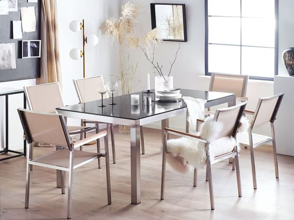Utendørs spisegruppe Beige 6 stoler 180 x 90 cm Bordplate i svart granitt Hagemøbler Spisestoler Spisebord