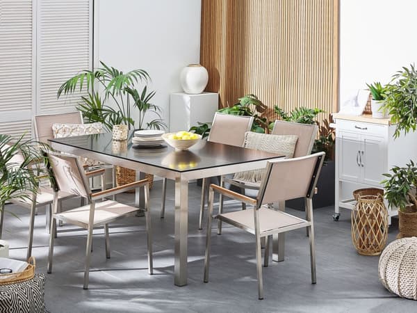 Utendørs spisegruppe Beige 6 stoler 180 x 90 cm Bordplate i svart granitt Hagemøbler Spisestoler Spisebord