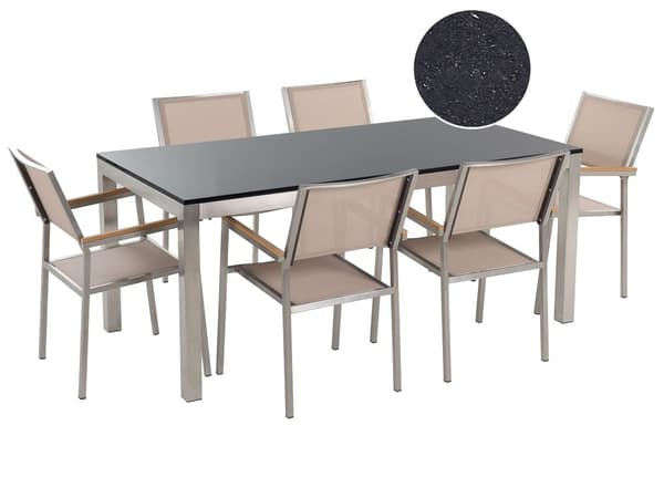 Utendørs spisegruppe Beige 6 stoler 180 x 90 cm Bordplate i svart granitt Hagemøbler Spisestoler Spisebord