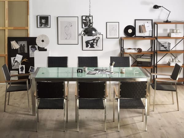 Hagemøbelsett Svart 220 x 100 cm med sprukket glass bordplate rottingstoler 8-seters