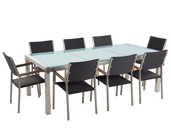 Hagemøbelsett Svart 220 x 100 cm med sprukket glass bordplate rottingstoler 8-seters