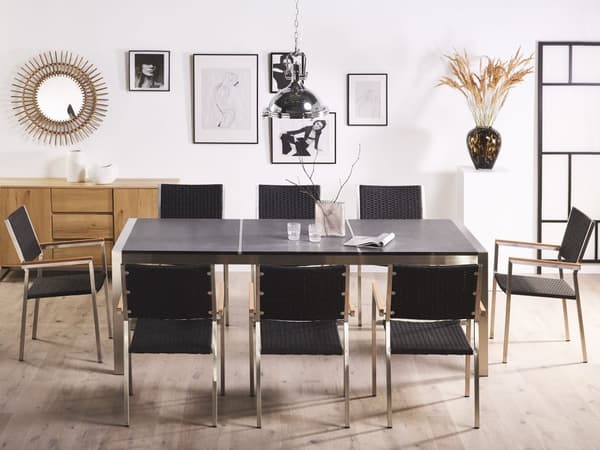 Utendørs spisegruppe Svart 8 stoler 220 x 100 cm Bordplate i granitt Rotting Hagemøbler Spisestoler Spisebord
