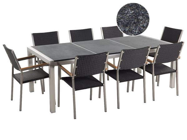 Utendørs spisegruppe Svart 8 stoler 220 x 100 cm Bordplate i granitt Rotting Hagemøbler Spisestoler Spisebord
