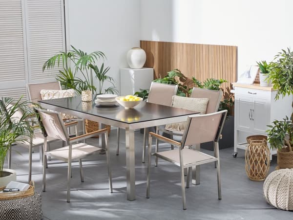 Hagemøbelsett Sort Beige Sikkerhetsglass rustfritt stål Bord 180 cm 6 Stoler Uteplass Utendørs Moderne