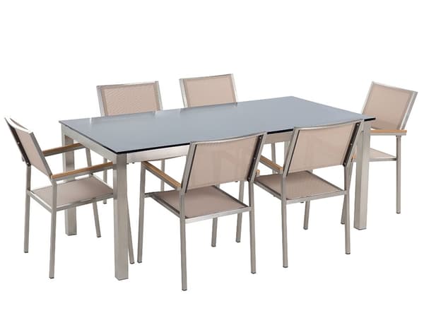 Hagemøbelsett Sort Beige Sikkerhetsglass rustfritt stål Bord 180 cm 6 Stoler Uteplass Utendørs Moderne