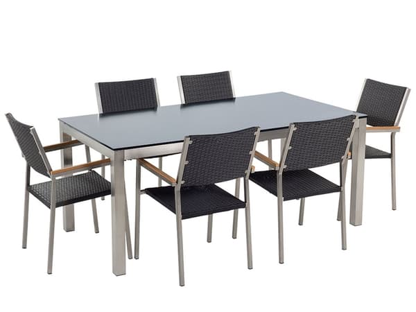 Utendørs spisegruppe Svart 6 stoler 180 x 90 cm Bordplate i svart glass Hagemøbler Spisestoler Spisebord