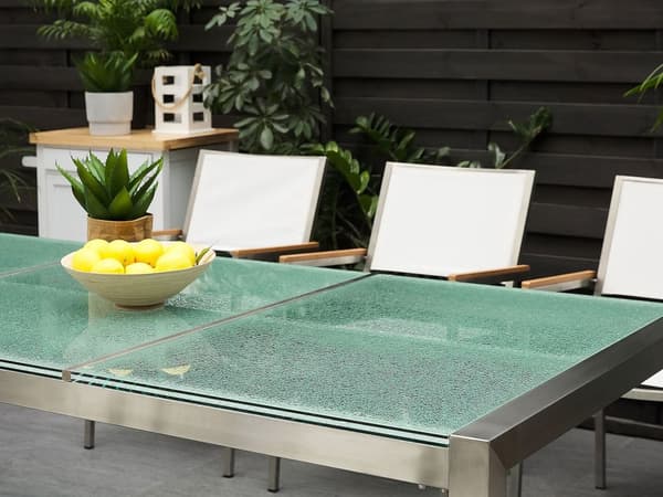 Utendørs spisegruppe Grå 8 stoler 220 x 100 cm Bordplate i glass Trippel plate Hagemøbler Spisestoler Spisebord