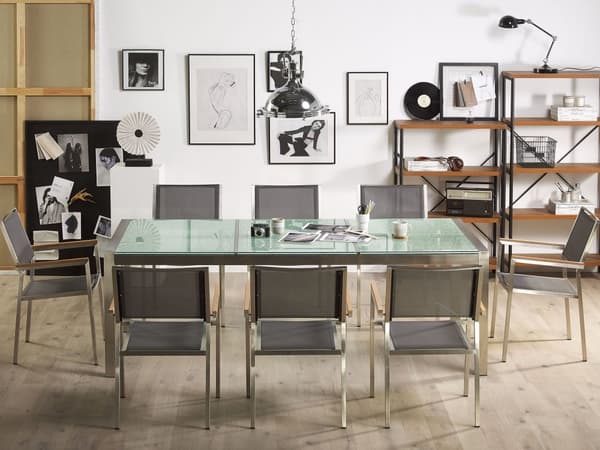 Utendørs spisegruppe Grå 8 stoler 220 x 100 cm Bordplate i glass Trippel plate Hagemøbler Spisestoler Spisebord