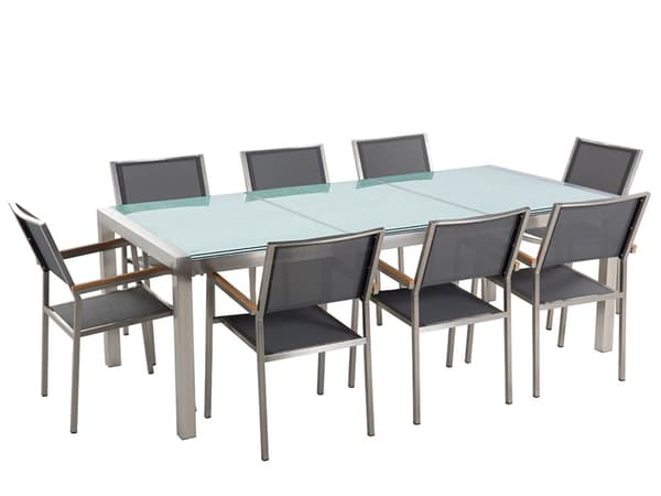 Utendørs spisegruppe Grå 8 stoler 220 x 100 cm Bordplate i glass Trippel plate Hagemøbler Spisestoler Spisebord