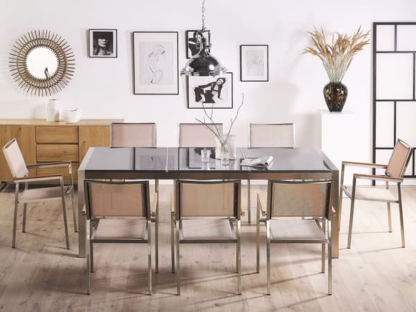 Utendørs spisegruppe Beige 8 stoler 220 x 100 cm Bordplate i svart granitt Trippel plate Hagemøbler Spisestoler Spisebord