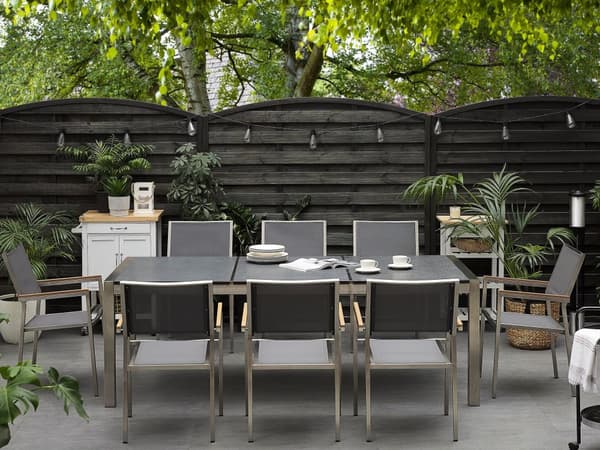 Hagemøbelsett Svart Flammet Basalt 220 x 100 cm 8-seter Grå Stoler Hage Moderne Terrasse