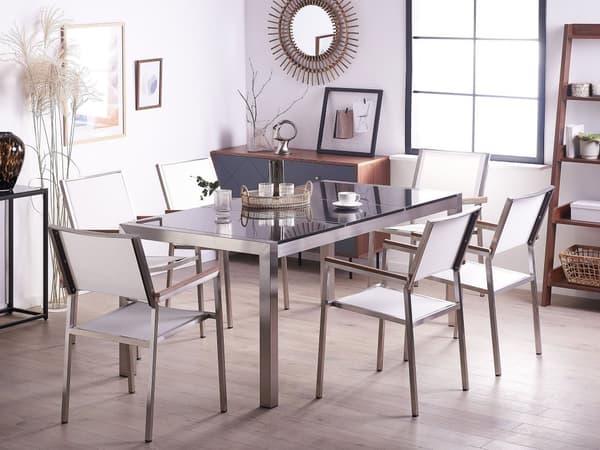 Hagemøbelsett Hvit Svart Granitt 180 x 90 cm 6-seter Hage Bordplate Moderne Terrasse