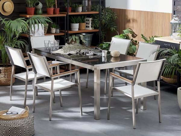 Hagemøbelsett Hvit Svart Granitt 180 x 90 cm 6-seter Hage Bordplate Moderne Terrasse