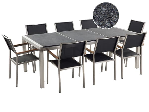 Hagemøbelsett Svart Flammet Granitt Bordplate 220 x 100 cm 8-seter Hage Moderne Terrasse