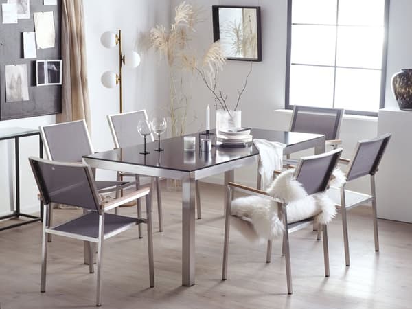 Hagemøbelsett Sort Grå Sikkerhetsglass rustfritt Stål Bord 180 cm 6 Stoler Uteplass Utendørs Moderne