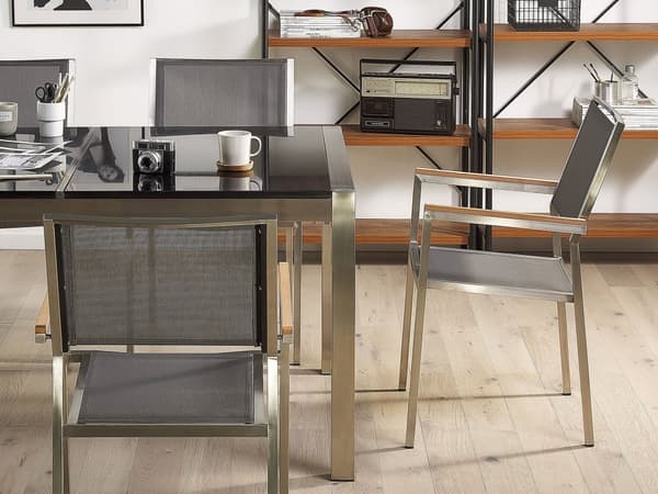 Hagemøbelsett Sort Grå Sikkerhetsglass rustfritt Stål Bord 180 cm 6 Stoler Uteplass Utendørs Moderne