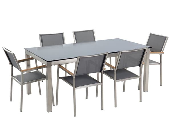 Hagemøbelsett Sort Grå Sikkerhetsglass rustfritt Stål Bord 180 cm 6 Stoler Uteplass Utendørs Moderne
