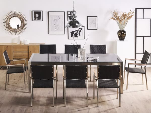Utendørs spisegruppe Svart 8 stoler 220 x 100 cm Bordplate i granitt Hagemøbler Spisestoler Spisebord