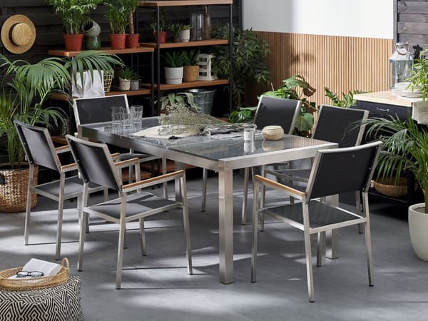 Utendørs spisegruppe Grå 6 stoler 180 x 90 cm Bordplate i granitt Hagemøbler Spisestoler Spisebord