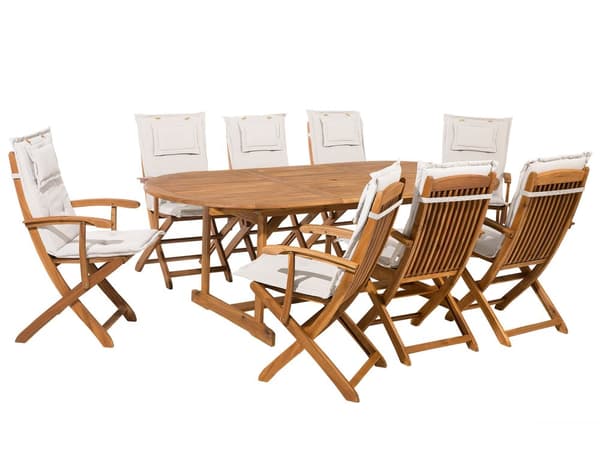 Hagemøbelsett Lys Akasietre 8-seters bord hvite puter sammenleggbare stoler Rustikk design