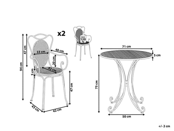 Bistrosett Grå Metall 2-seter Balkong Terrasse Hage Romantisk