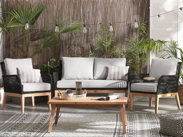 Loungesett Grå Akasietre 4 sitteplasser 2-seters sofa Lenestoler Sofabord Sitteputer Hagemøbler Sittegruppe