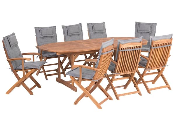 Utendørs spisesett i lyst akasietre med grå puter 8-seters bord og sammenleggbare stoler Rustikk design