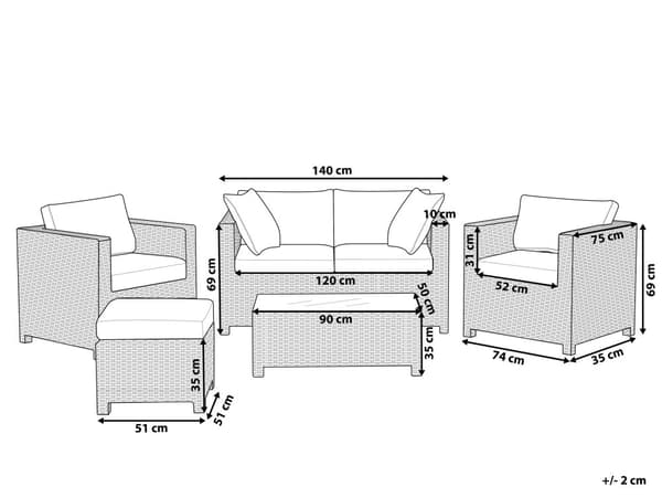 5 delt hagesofasett beige med grå puter 4 personer Loveseat lenestoler salongbord ottomansk vinterhage uteplass